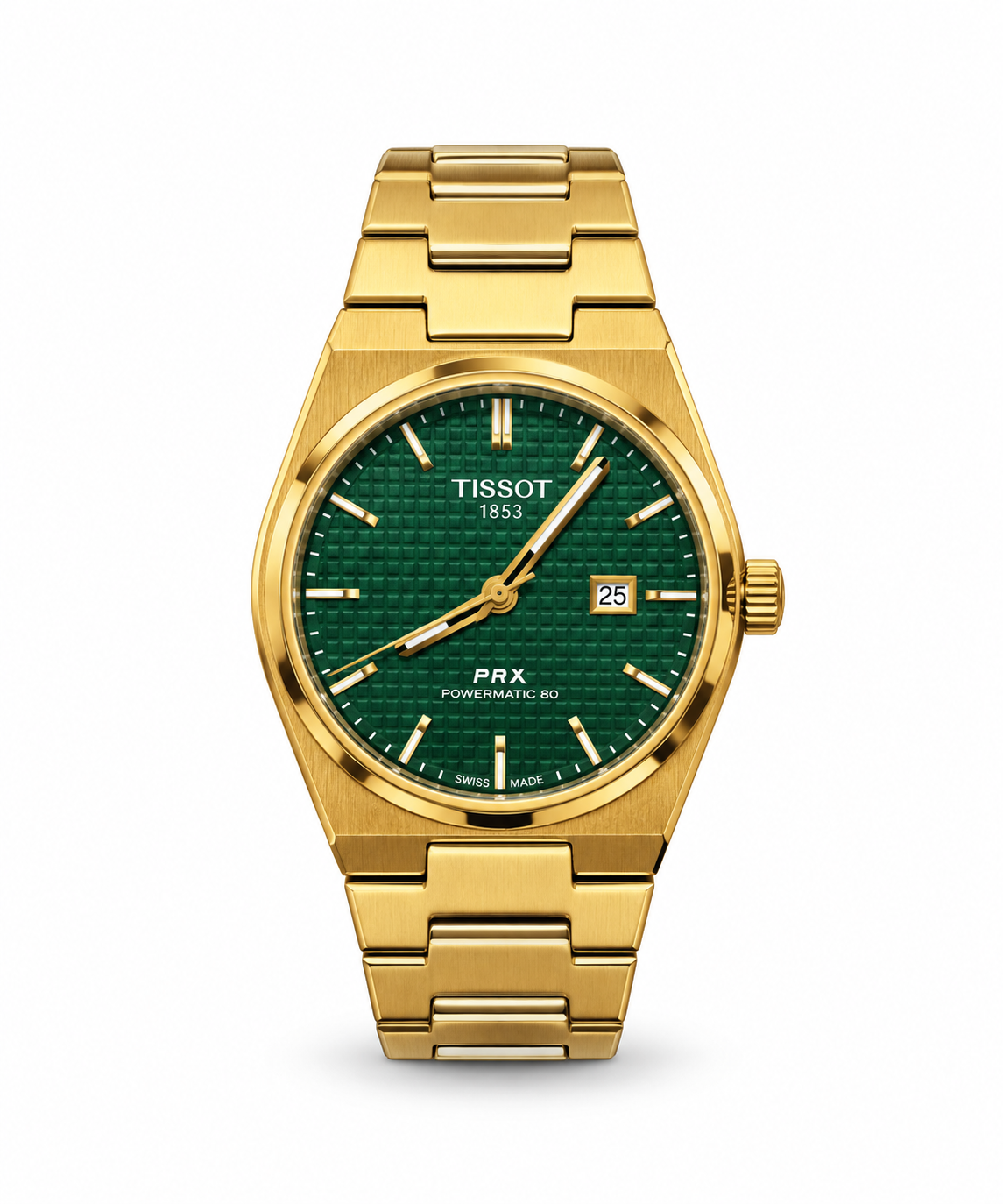 Tissot PRX 40mm men's watch Lebanon - gold-tone integrated case, green waffle-textured dial with gold hands and markers, date window, gold integrated bracelet