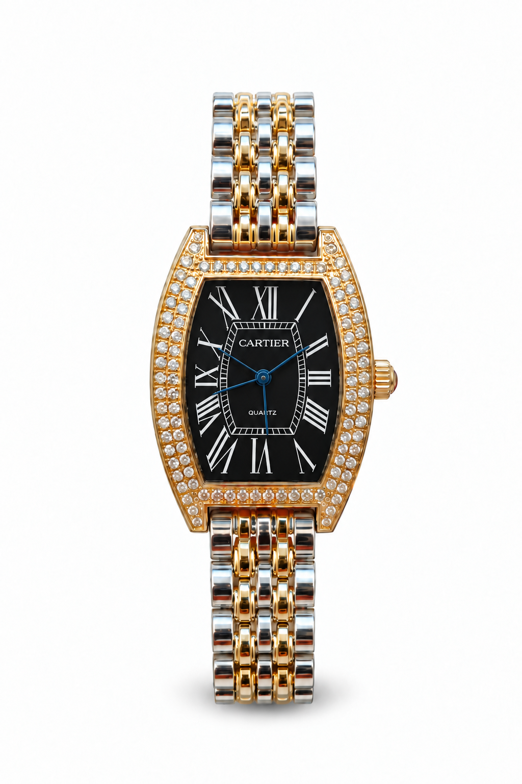 Tortue de Cartier women's watch Lebanon - two-tone steel and gold tonneau case with double-row diamond bezel, black Roman numeral dial with blue hands, two-tone link bracelet