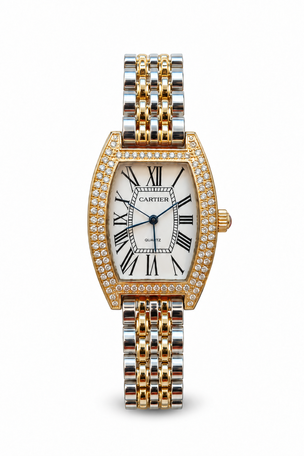 Tortue de Cartier women's watch Lebanon - two-tone steel and gold tonneau case with double-row diamond bezel, white Roman numeral dial with blue hands, two-tone link bracelet