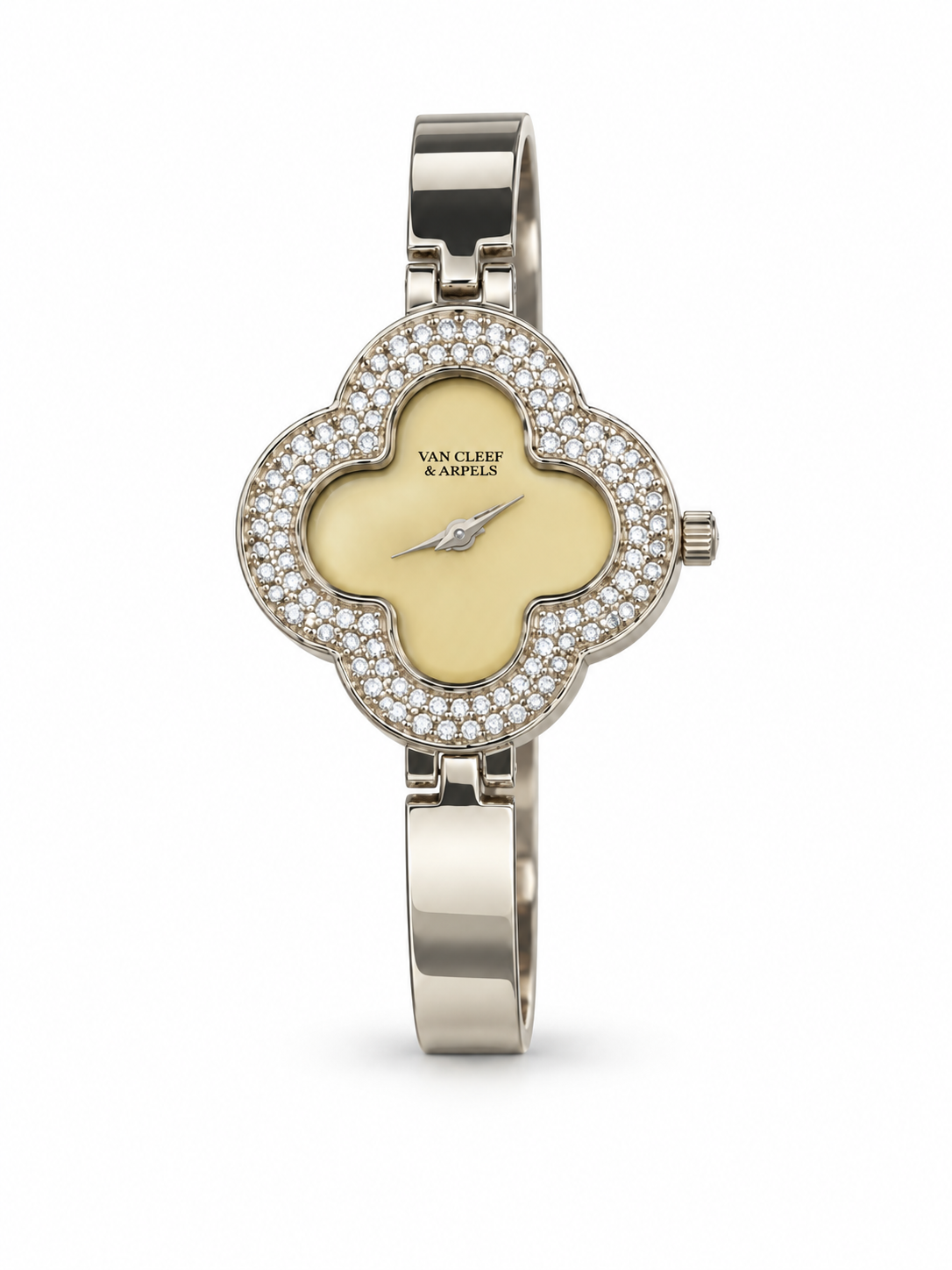 Van Cleef & Arpels Alhambra women's watch Lebanon - white gold clover case set with a double row of diamonds, cream dial, slim silver bangle bracelet