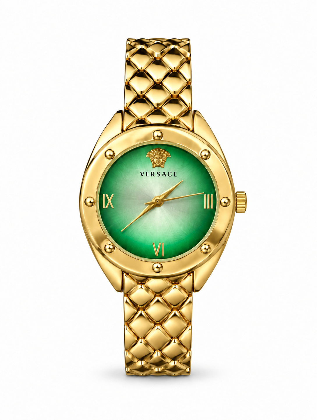 Versace women's watch Lebanon - gold-tone case with studded bezel, green sunray dial with Medusa emblem and gold Roman numerals, quilted gold bracelet