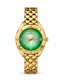 Versace women's watch Lebanon - gold-tone case with studded bezel, green sunray dial with Medusa emblem and gold Roman numerals, quilted gold bracelet