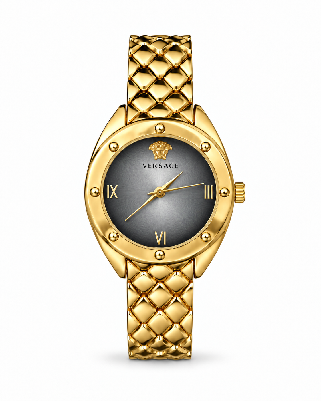 Versace women's watch Lebanon - gold-tone case with studded bezel, grey sunray dial with Medusa emblem and gold Roman numerals, quilted gold bracelet