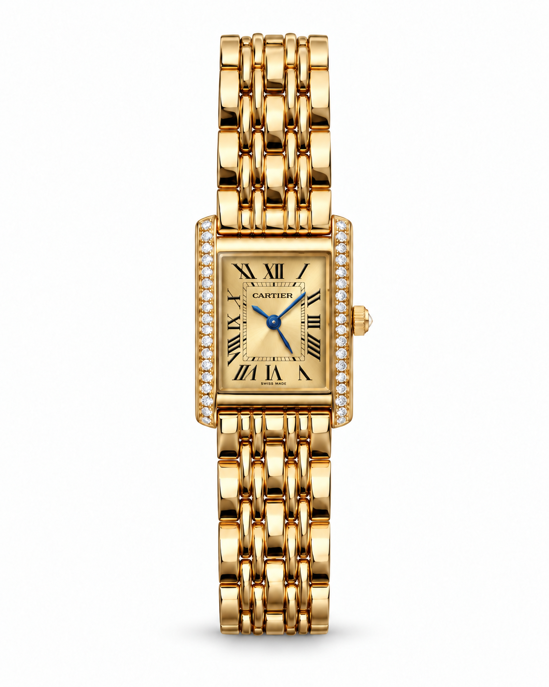 Tank de Cartier women's watch Lebanon - gold rectangular case with diamond bezel, gold guilloché dial, gold link bracelet