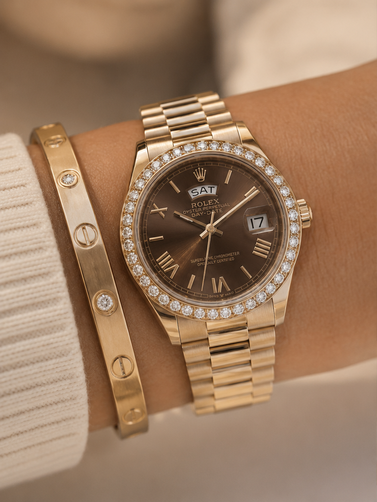 Day-Date Gold / Chocolate dial / Diamond Bezel (women)