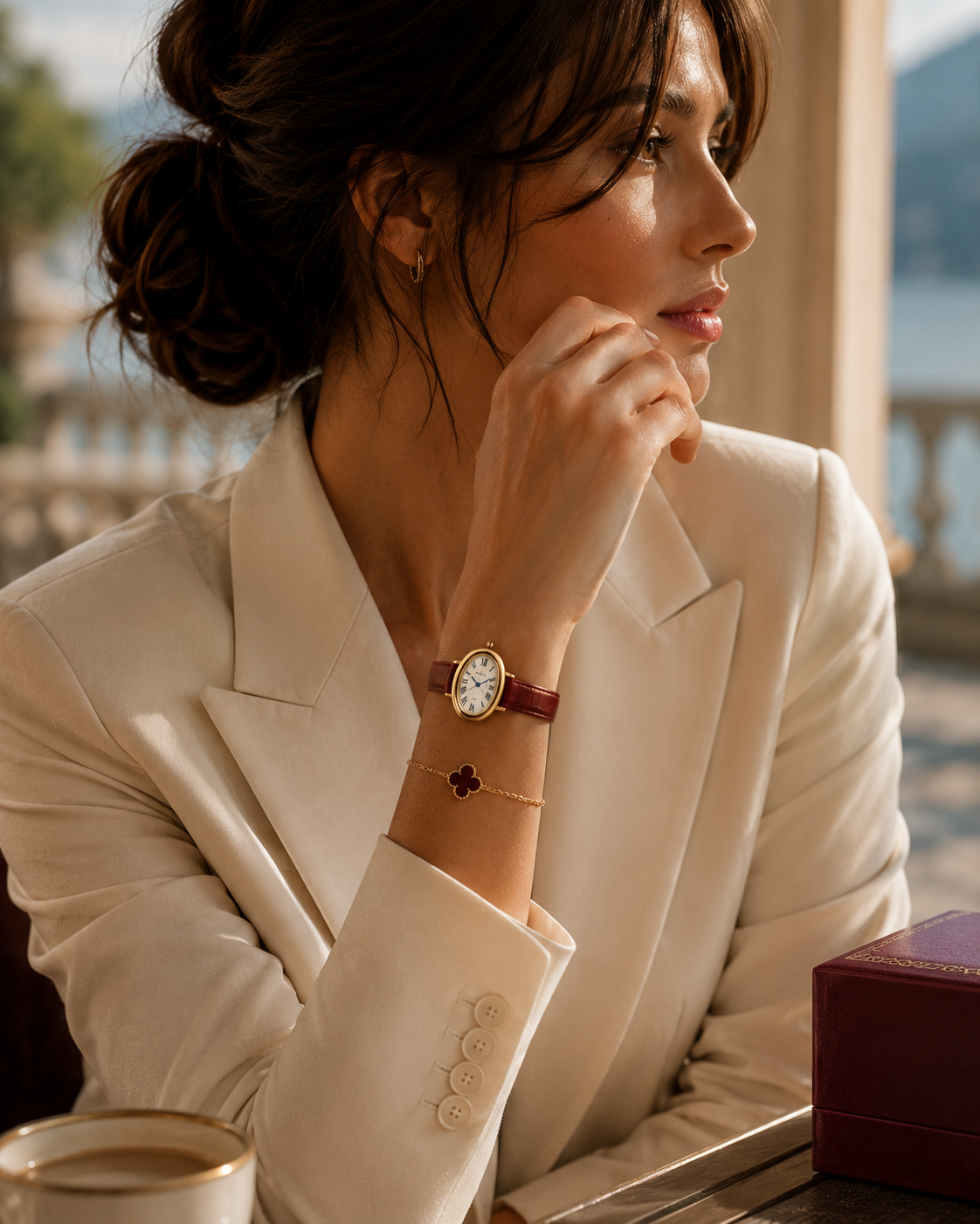 Cartier Baignoire Yellow Gold Burgundy Leather Women's Watch 30mm