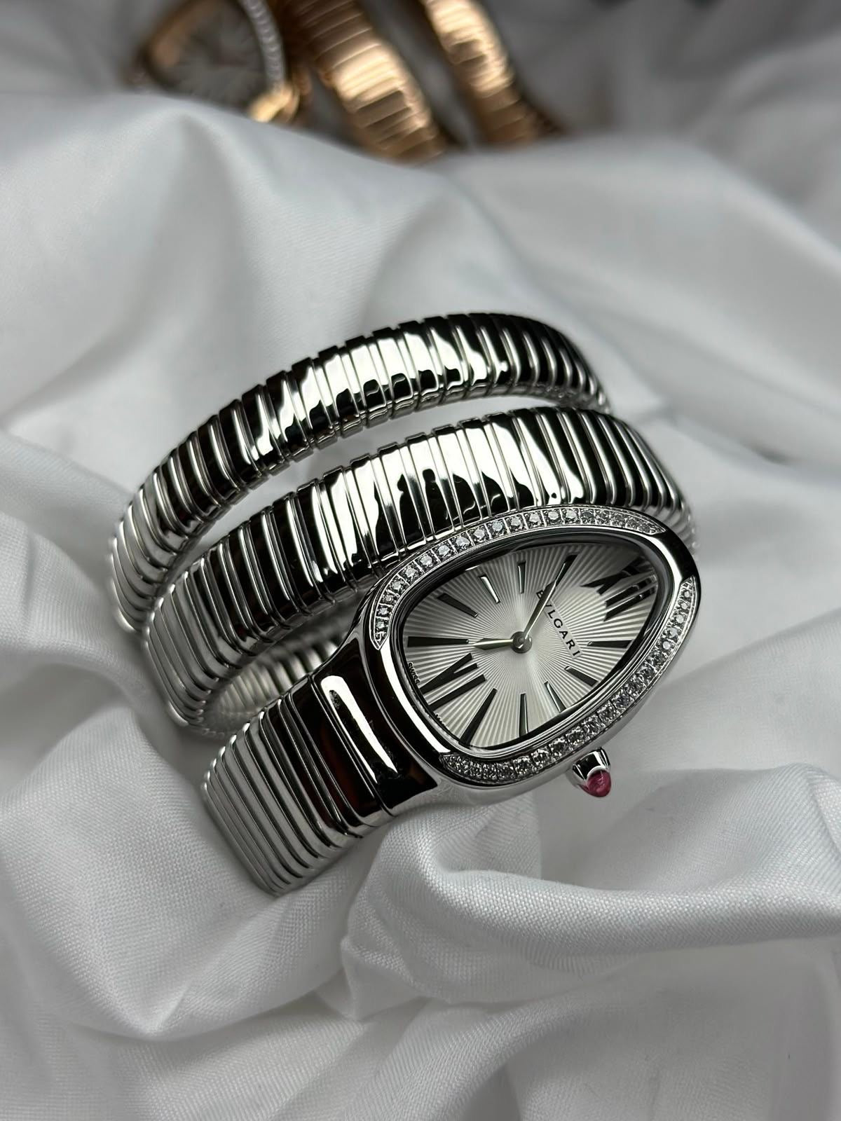 Bvlgari Serpenti Tubogas women watch Lebanon - silver double-coil bracelet, white sunray dial, diamond bezel