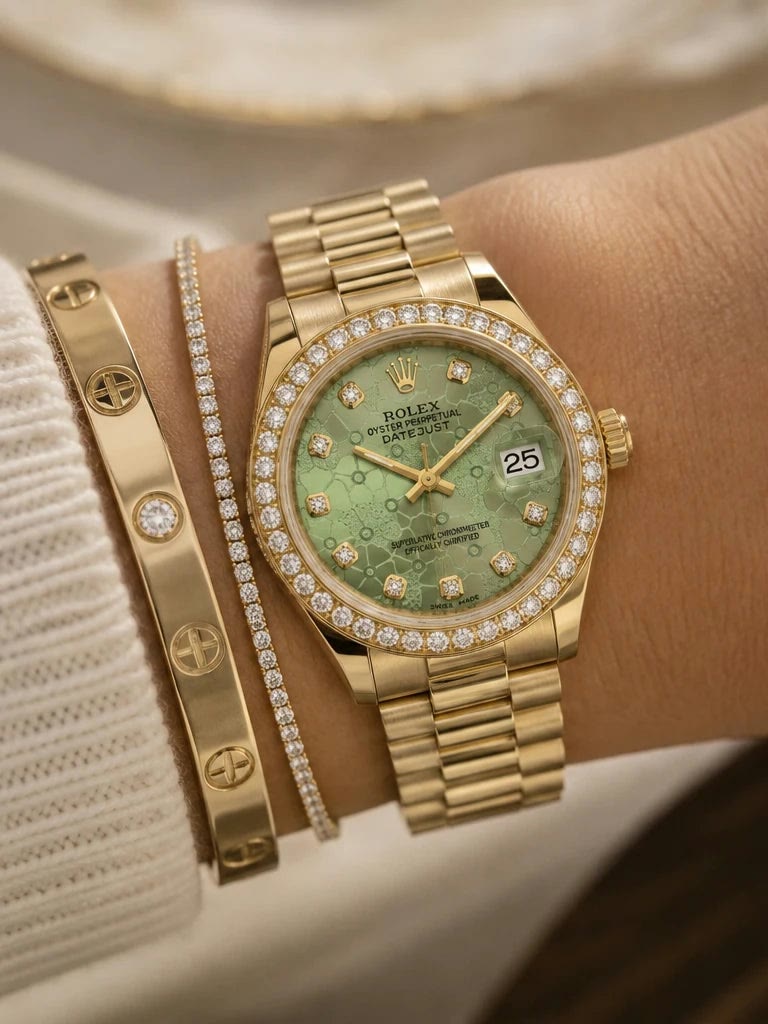 Rolex Day-Date Gold Green Diamond dial close-up