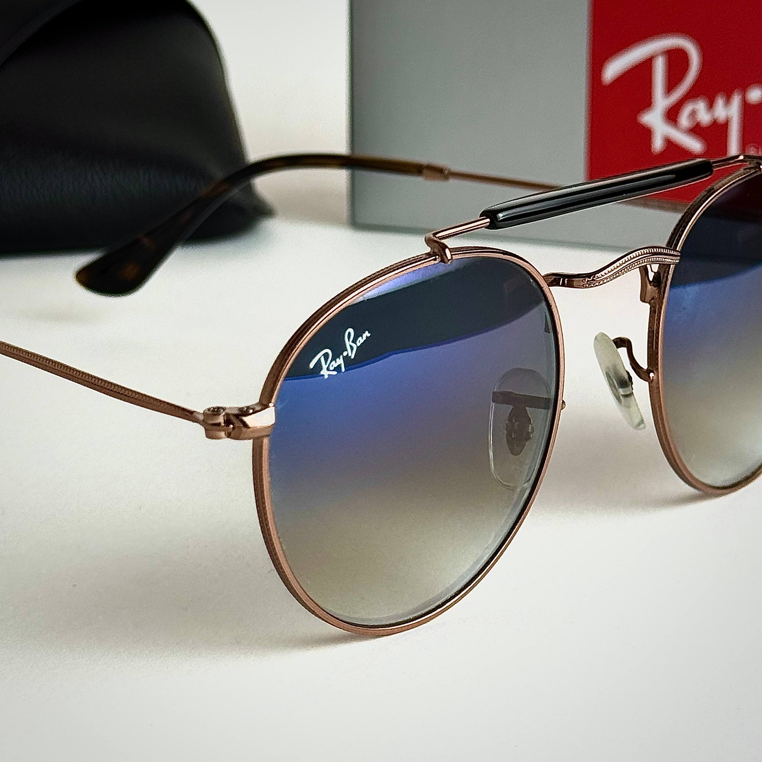 Ray-Ban Round RB3447 Rose Gold Blue Gradient Sunglasses Side View Lebanon - ChronoVault