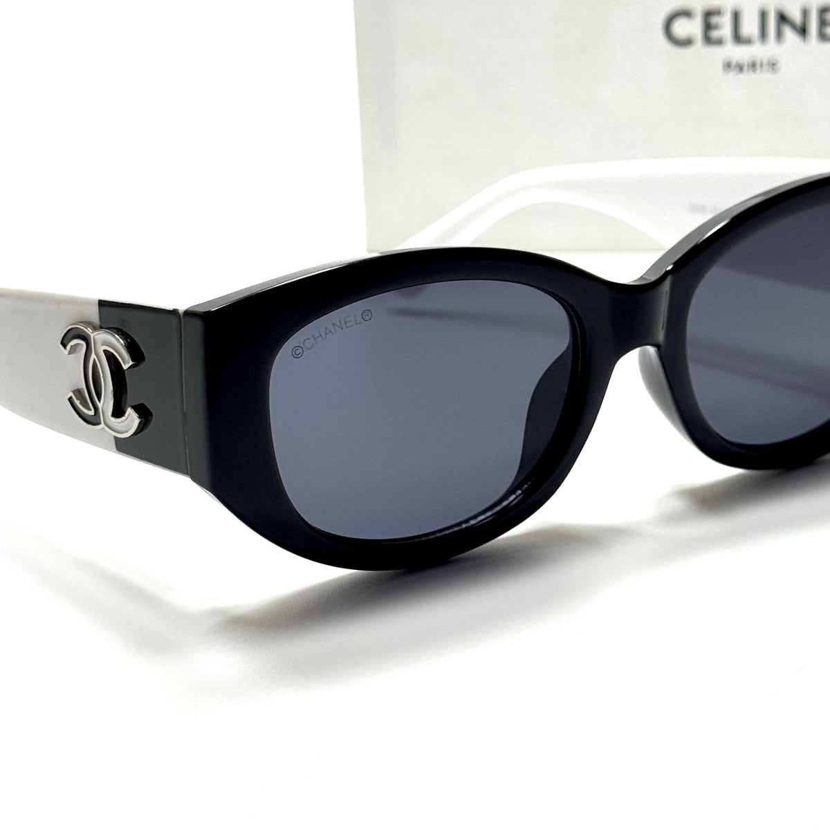 Chanel CH5442 Black White women's sunglasses Lebanon - glossy black with silver-tone cc temple detailing frame, dark grey lenses - ChronoVault - view 2
