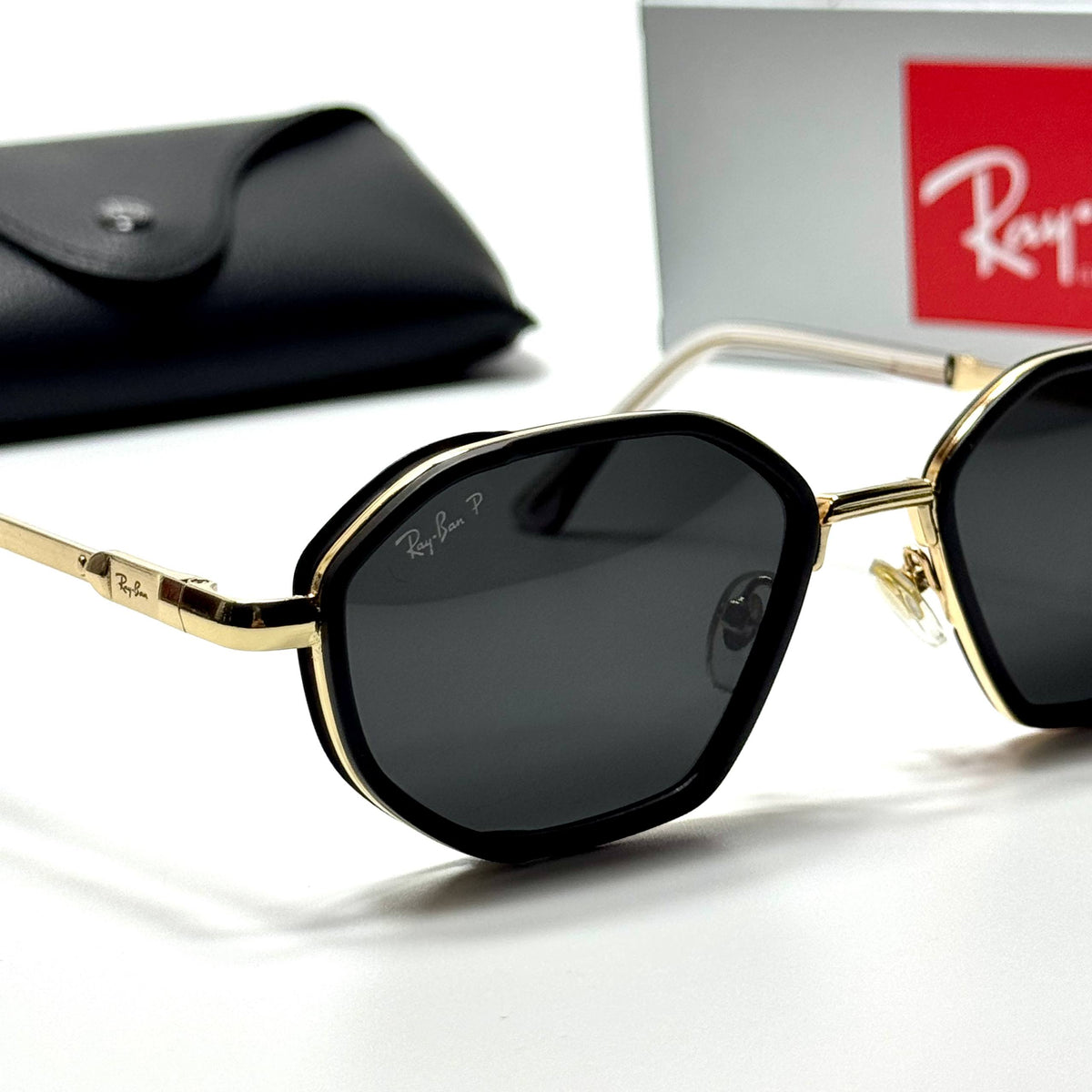 Ray-Ban Geometric RB3765 Black Gold Grey unisex sunglasses Lebanon - glossy black with gold-tone detailing frame, dark grey lenses - ChronoVault - view 2