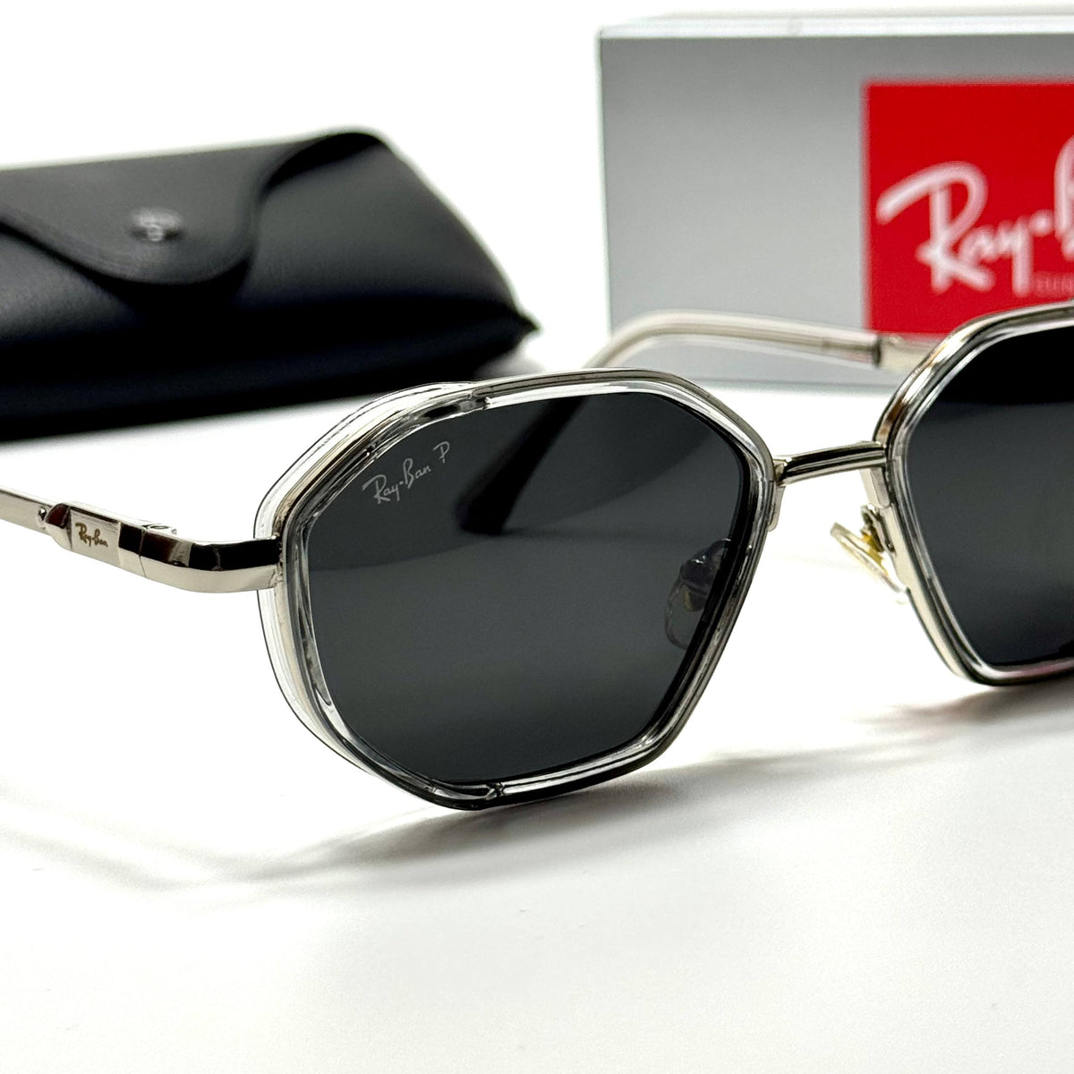 Ray-Ban Geometric RB3766 Clear Black unisex sunglasses Lebanon - transparent crystal with silver-tone detailing frame, dark grey lenses - ChronoVault - view 2