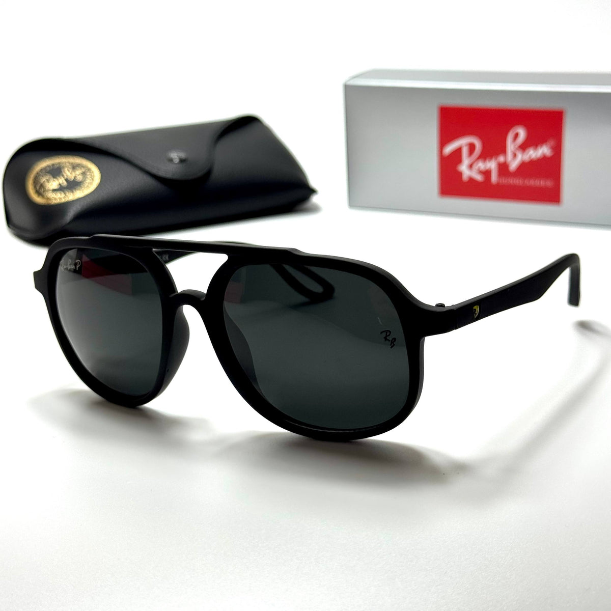 Ray-Ban Ferrari Aviator RB4362 Black unisex sunglasses Lebanon - matte black with ferrari temple detailing frame, dark green lenses - ChronoVault