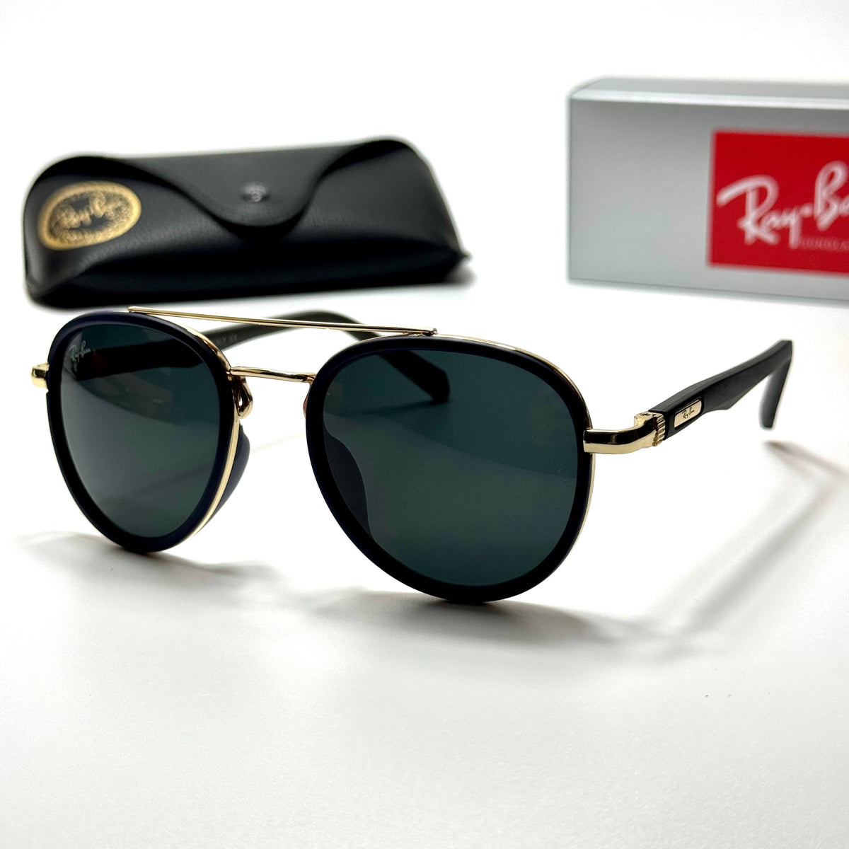 Ray-Ban Round Aviator RB3857 Black Gold Green unisex sunglasses Lebanon - black with gold-tone metal frame, dark green lenses - ChronoVault
