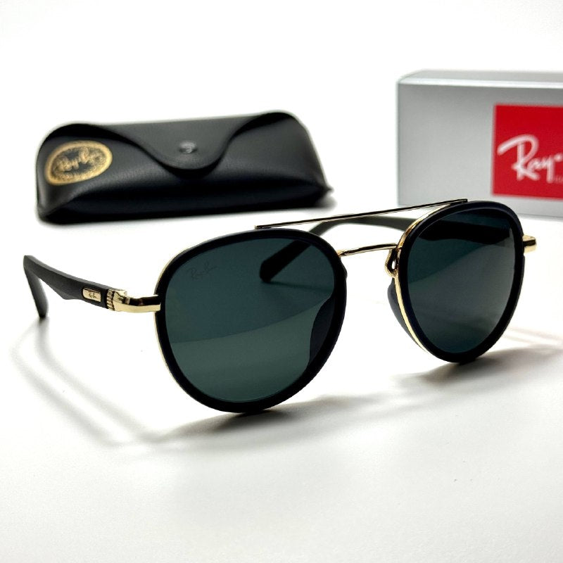 Ray-Ban Round Aviator RB3857 Black Gold Green unisex sunglasses Lebanon - black with gold-tone metal frame, dark green lenses - ChronoVault - view 4