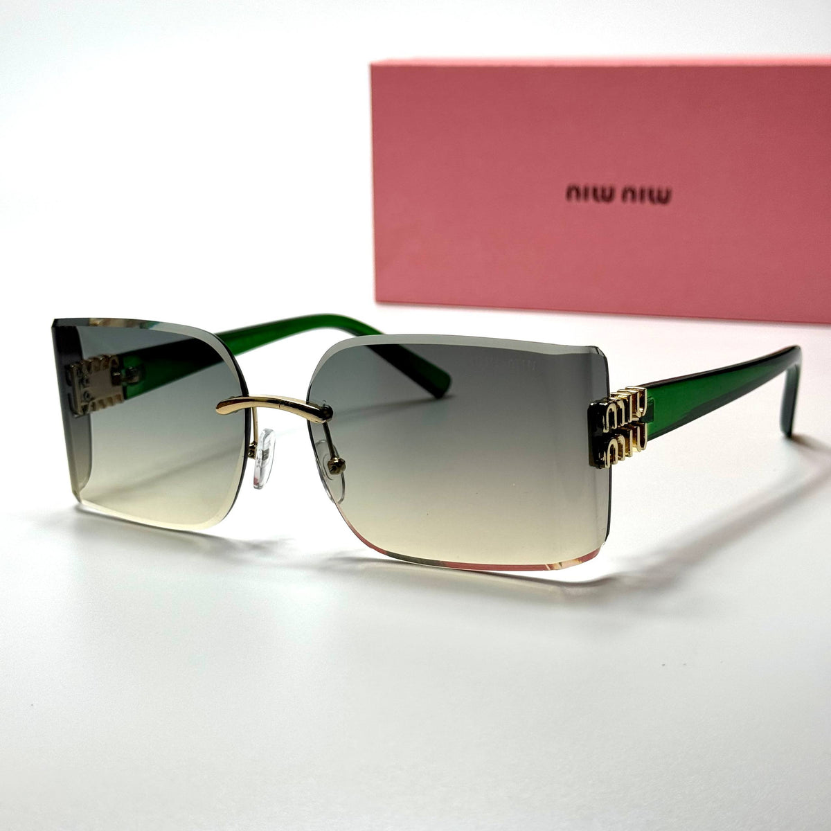 Miu Miu Rimless Rectangular MU09YS Green Gradient women's sunglasses Lebanon - green temples with gold miu miu detailing frame, green gradient lenses - ChronoVault