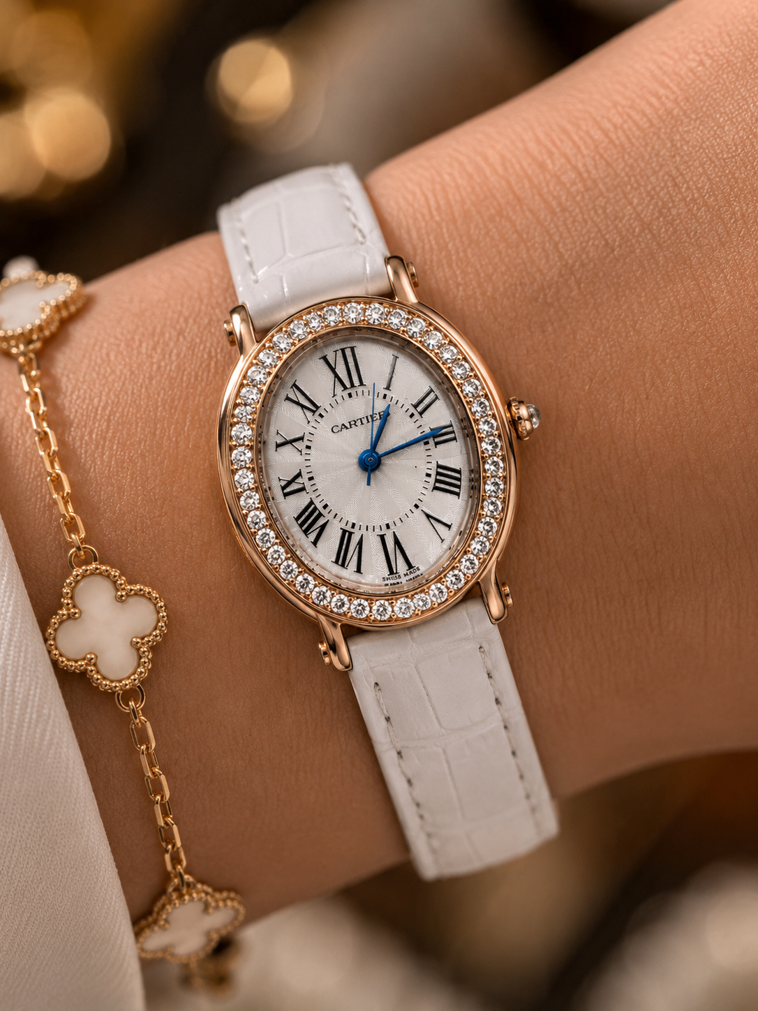 Cartier Baignoire 30mm Rose Gold Diamond White Leather Women Watch Side View Lebanon - ChronoVault