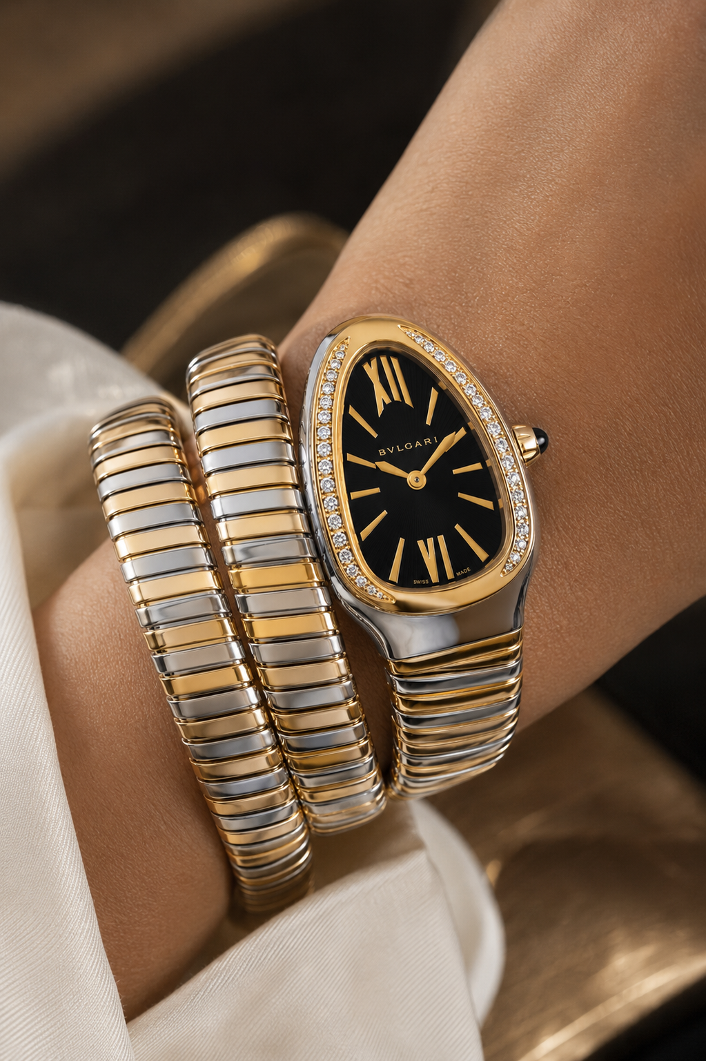 Bvlgari Serpenti Tubogas — Gold Two-Tone Black Diamond Women's Watch Side View Lebanon - ChronoVault