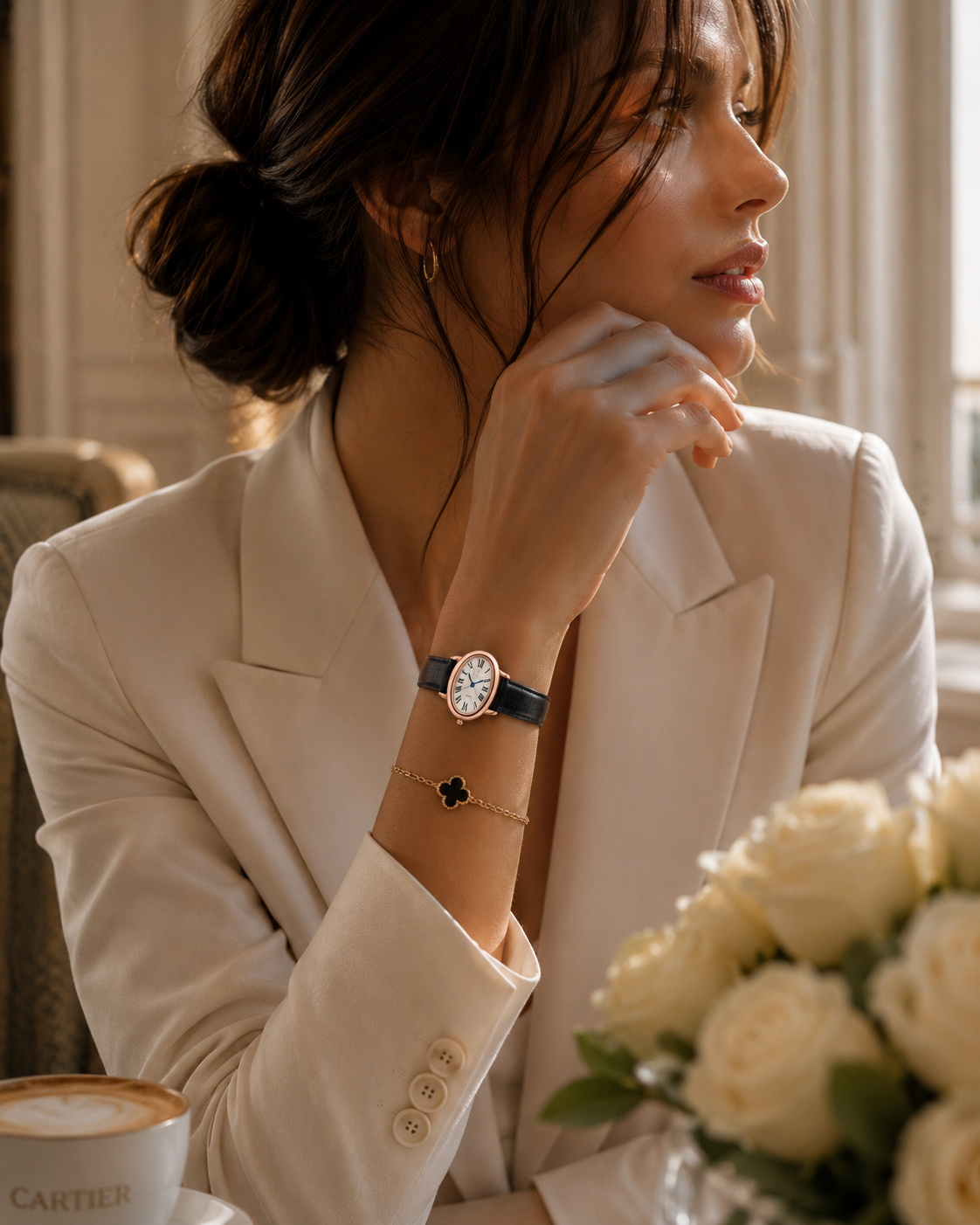 Cartier Baignoire Rose Gold Black Leather Women's Watch 30mm