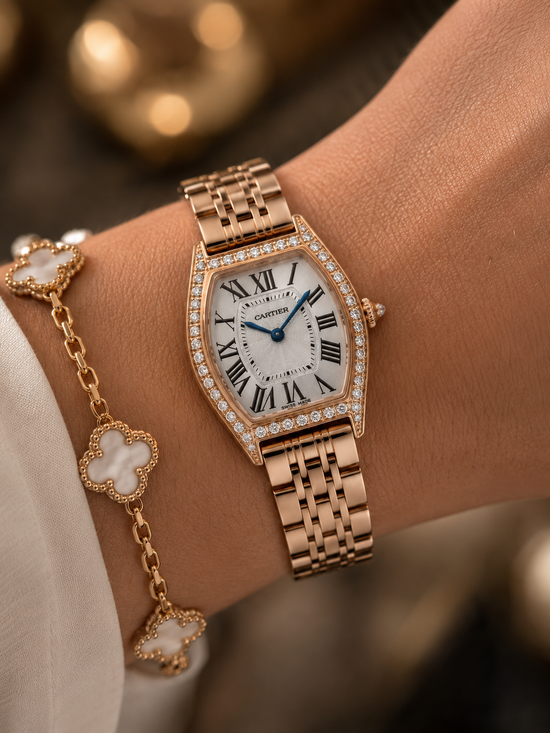 Cartier Tortue 30mm Rose Gold Diamond Silver Dial Women Watch Side View Lebanon - ChronoVault