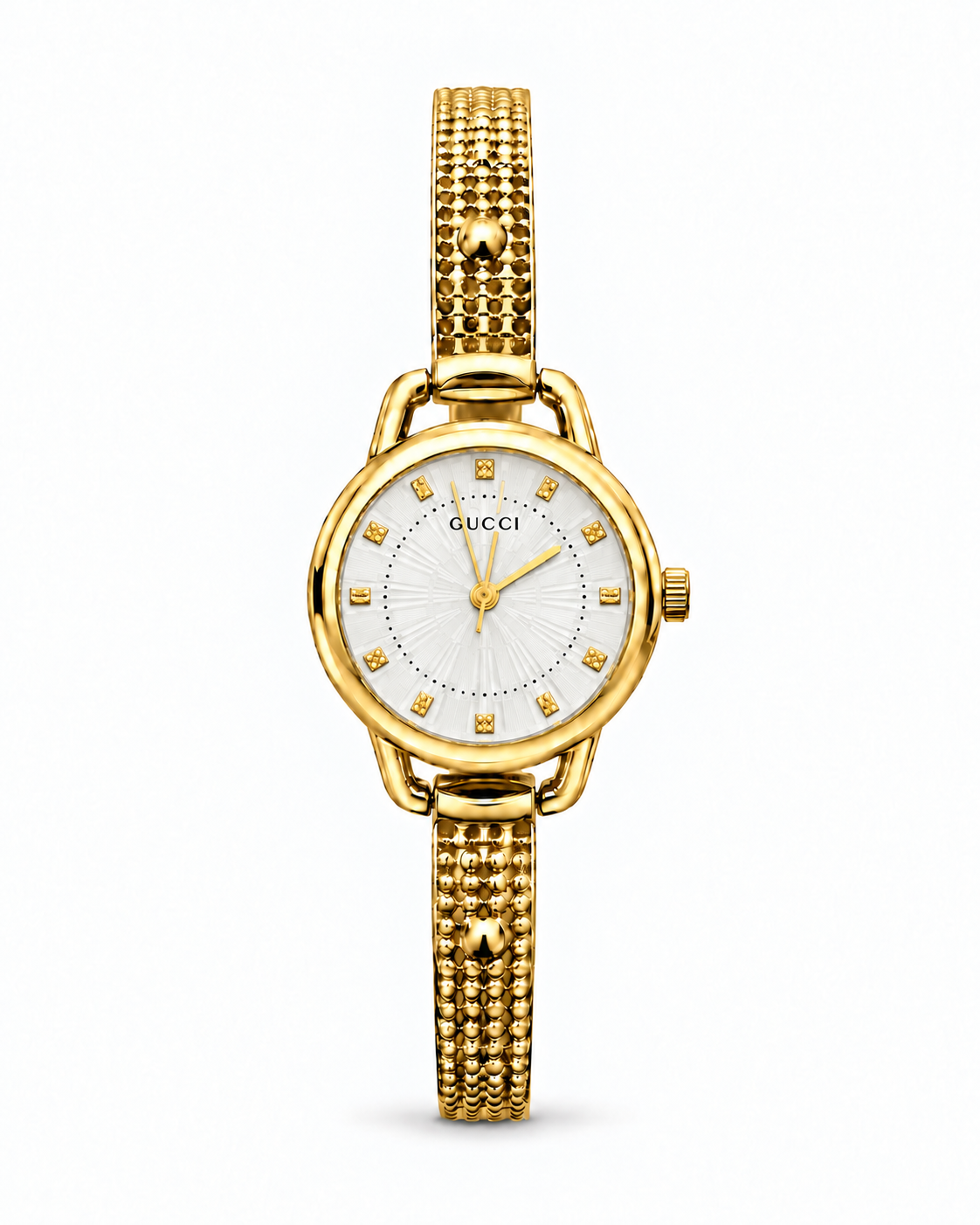 Gucci women's watch Lebanon - gold-tone round case, silver sunray dial with crystal markers, beaded gold-tone chain bracelet
