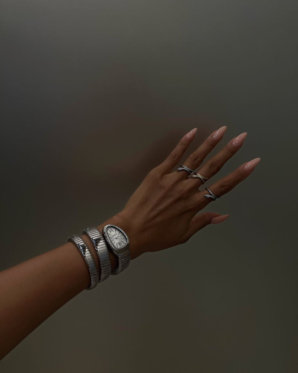 Bvlgari Serpenti Tubogas Silver White Dial Diamond Bezel Women's Watch worn on model wrist Lebanon - ChronoVault