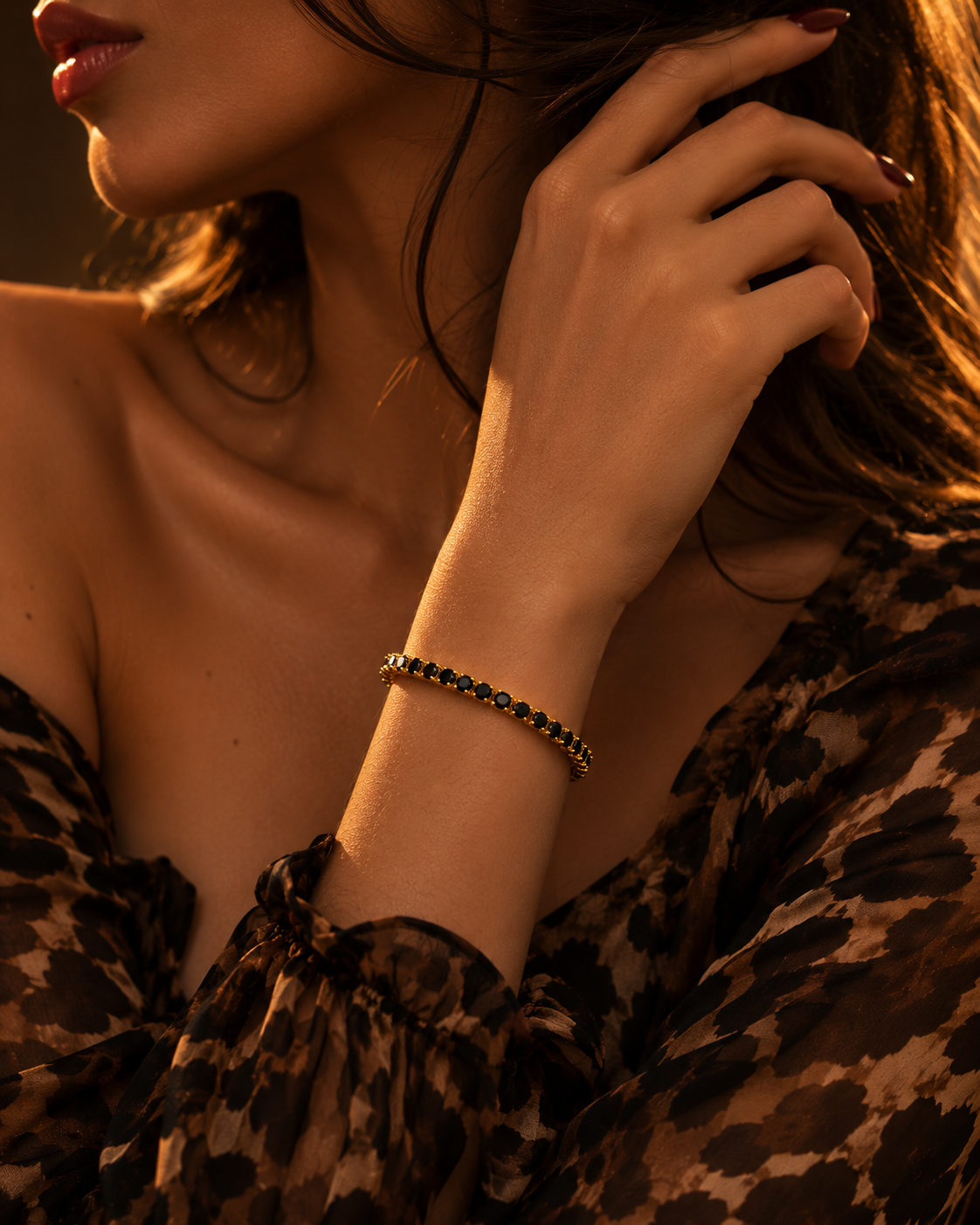 Premium Tennis Bracelet Gold-Tone Black Diamonds Side View Lebanon - ChronoVault