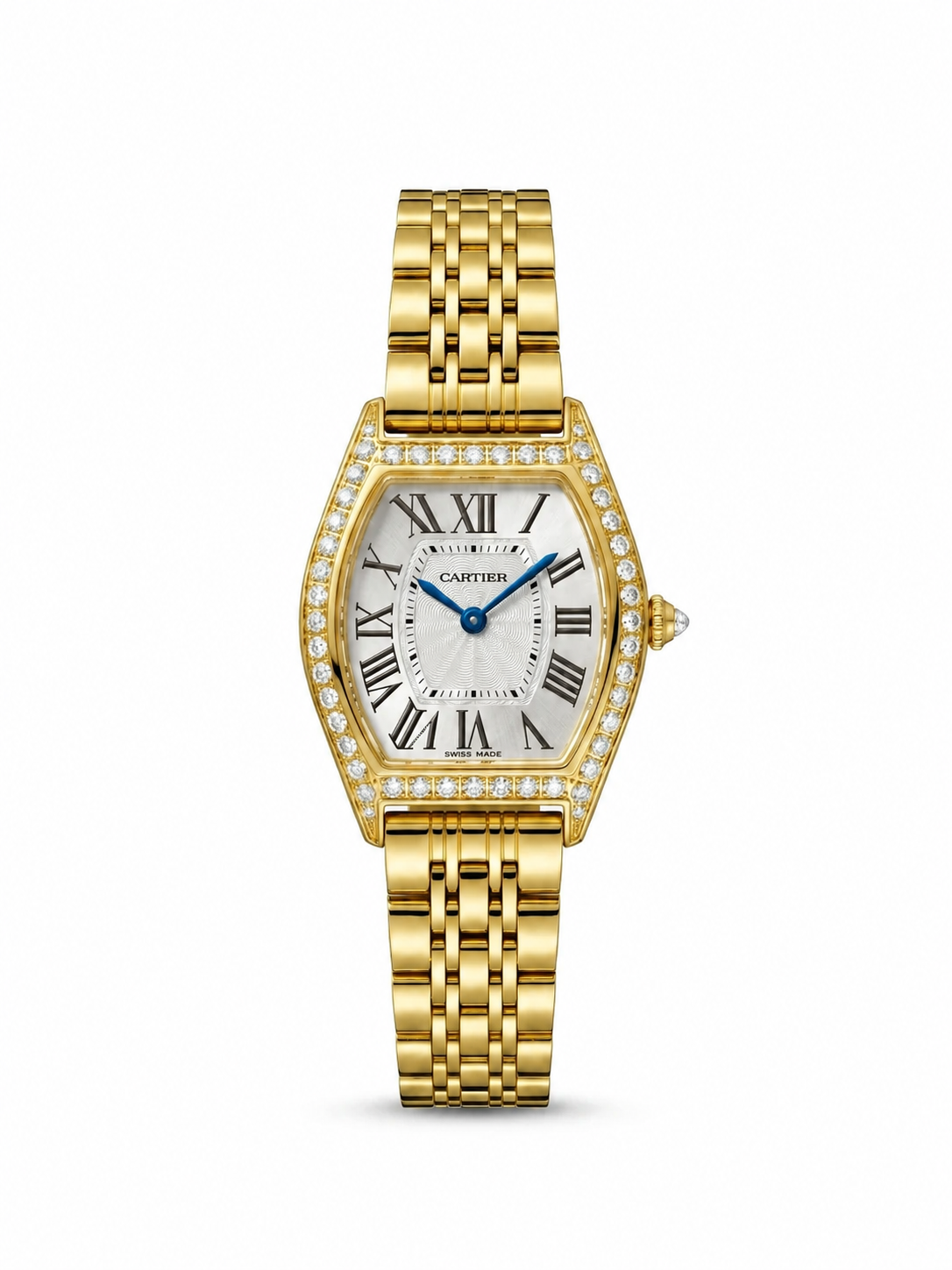 Cartier Tortue Women's 29mm – Yellow Gold, Diamond Bezel, Silver Roman Dial, Gold Bracelet Front View Lebanon - ChronoVault