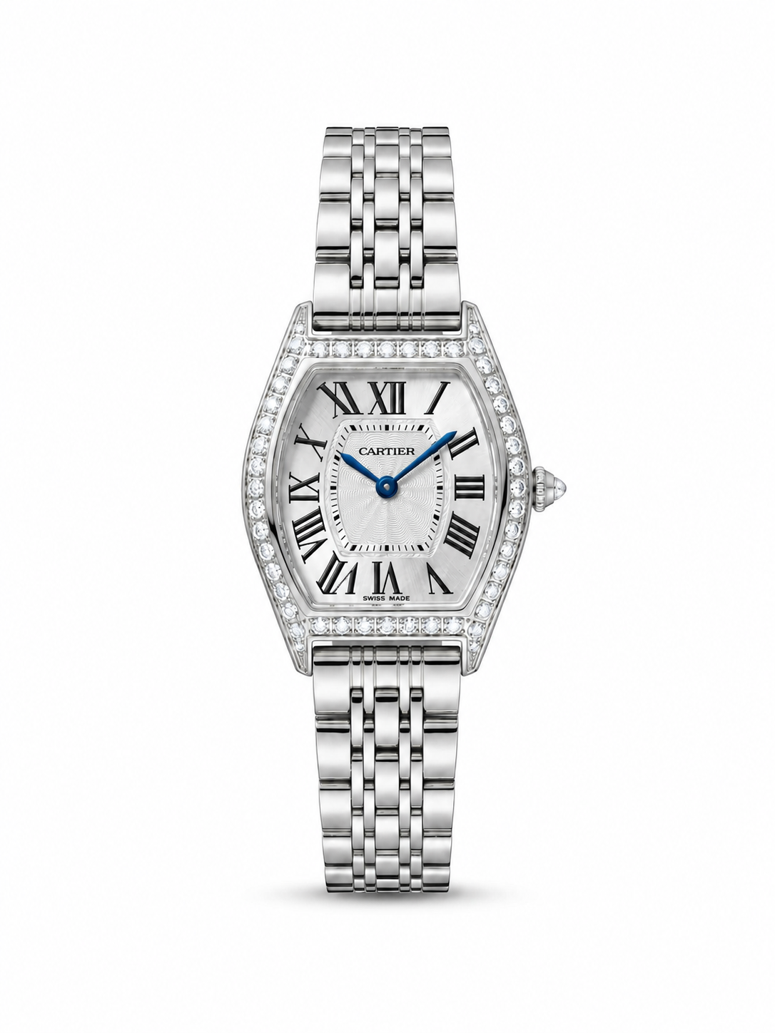 Cartier Tortue Women's 29mm – Silver, Diamond Bezel, Silver Roman Dial, Silver Bracelet Front View Lebanon - ChronoVault
