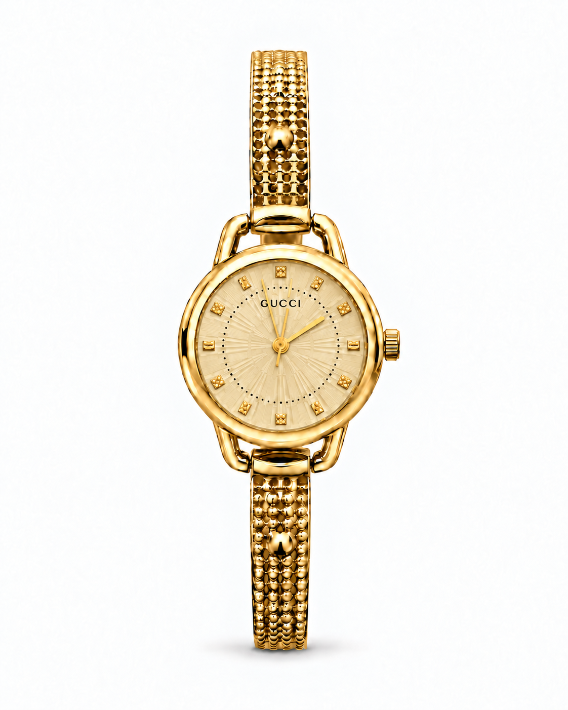 Gucci women's watch Lebanon - gold-tone round case, champagne sunray dial with crystal markers, beaded gold-tone chain bracelet