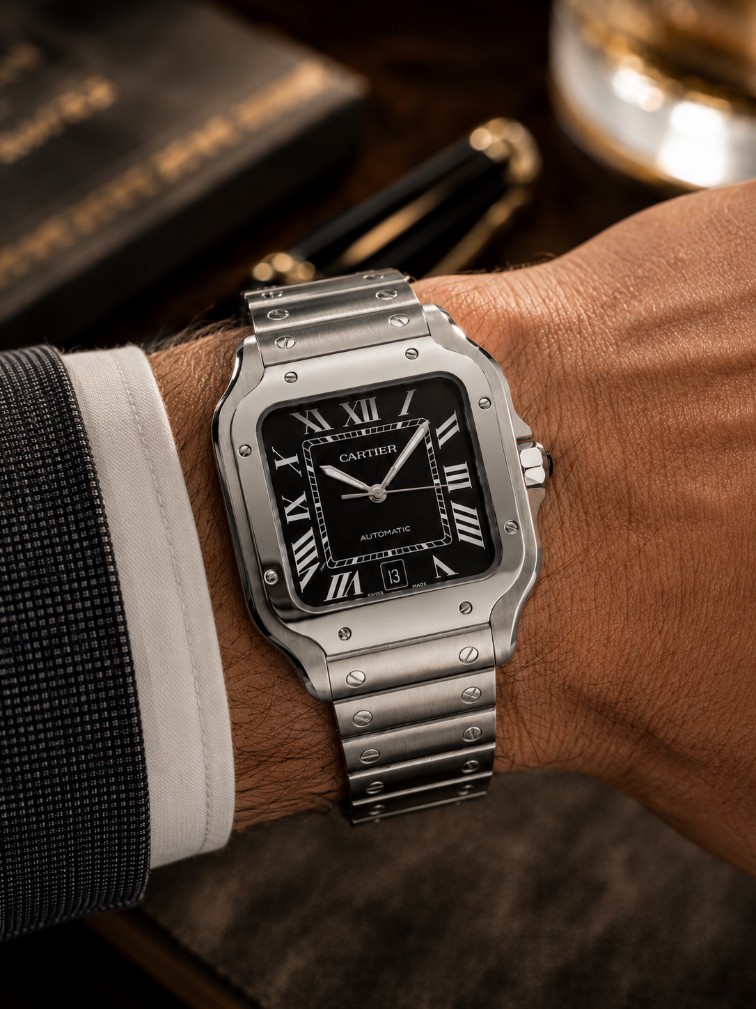 Cartier Santos 40mm Steel Black Dial Men Watch Side View Lebanon - ChronoVault