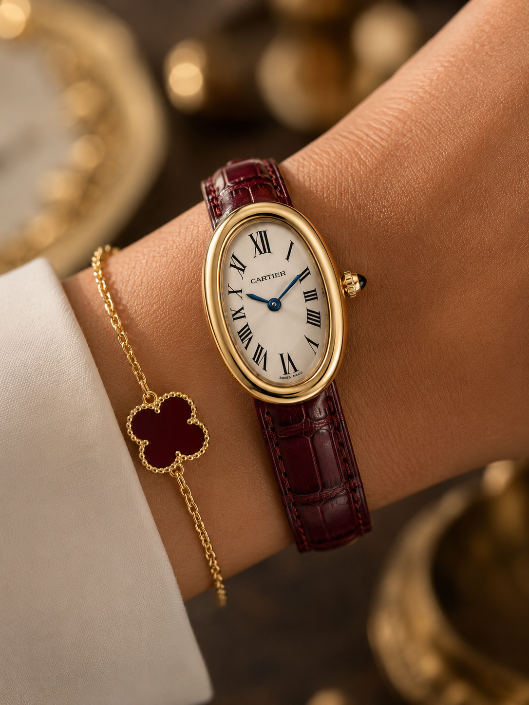 Cartier Baignoire Yellow Gold Burgundy Leather Women's Watch 30mm