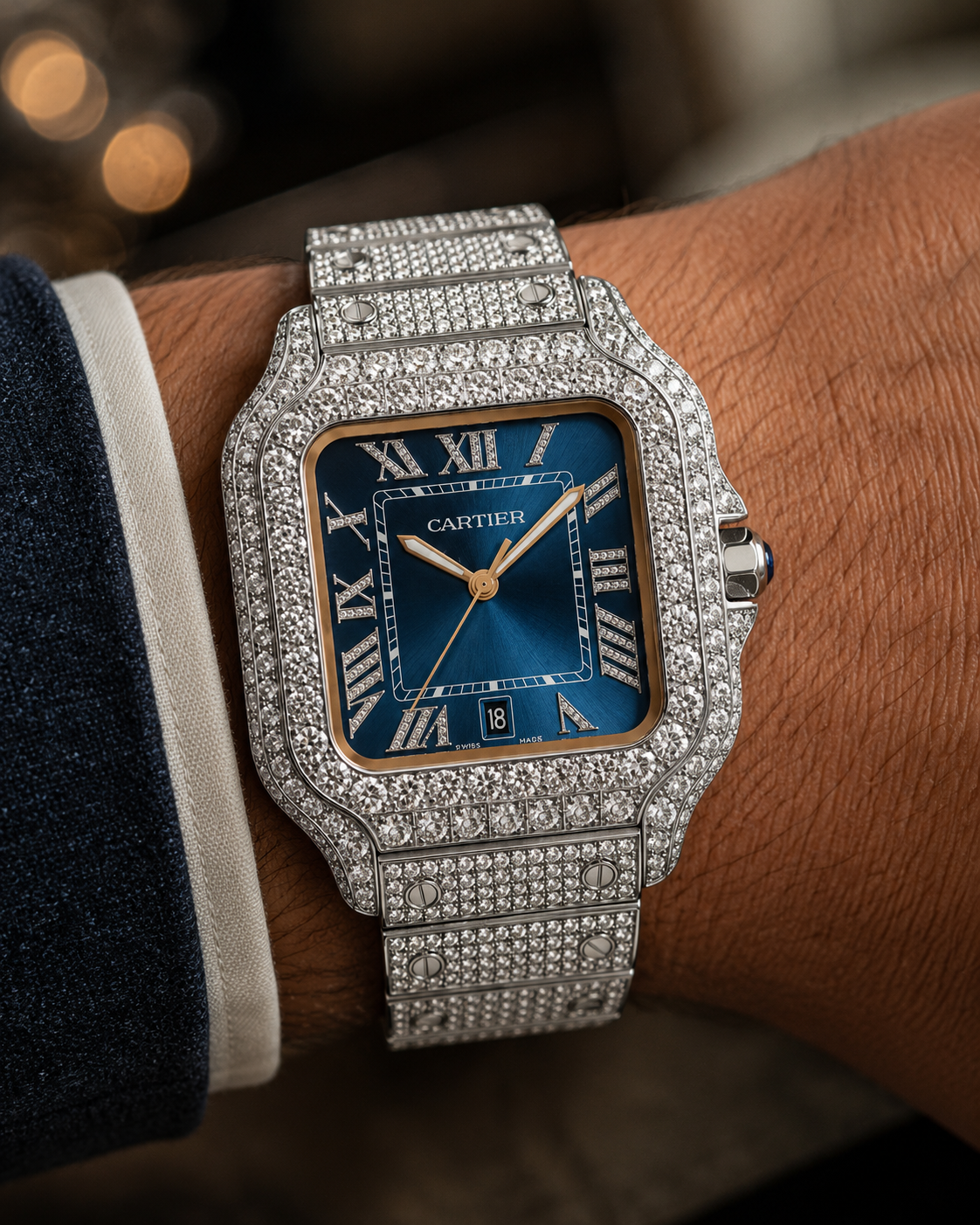 Cartier Santos de Cartier Iced Out Blue Dial Diamond Men's Watch