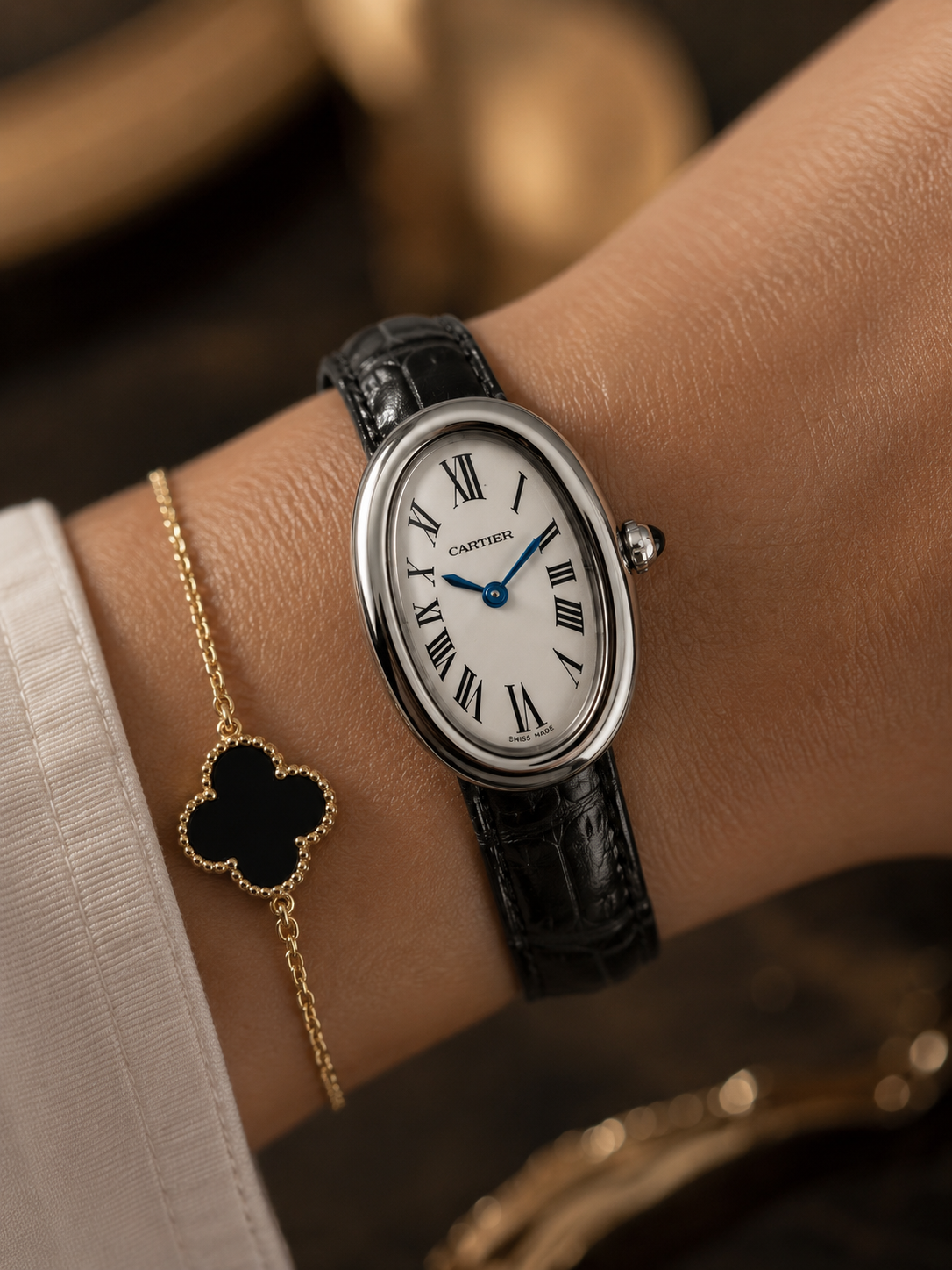 Cartier Baignoire Silver Black Leather Women's Watch 30mm
