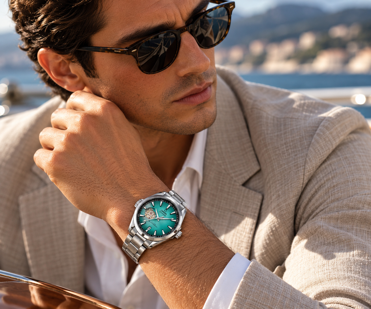 Omega Seamaster Aqua Terra men's watch Lebanon - polished steel case, green sunburst dial with open-heart window, date window, steel bracelet - detail view 2