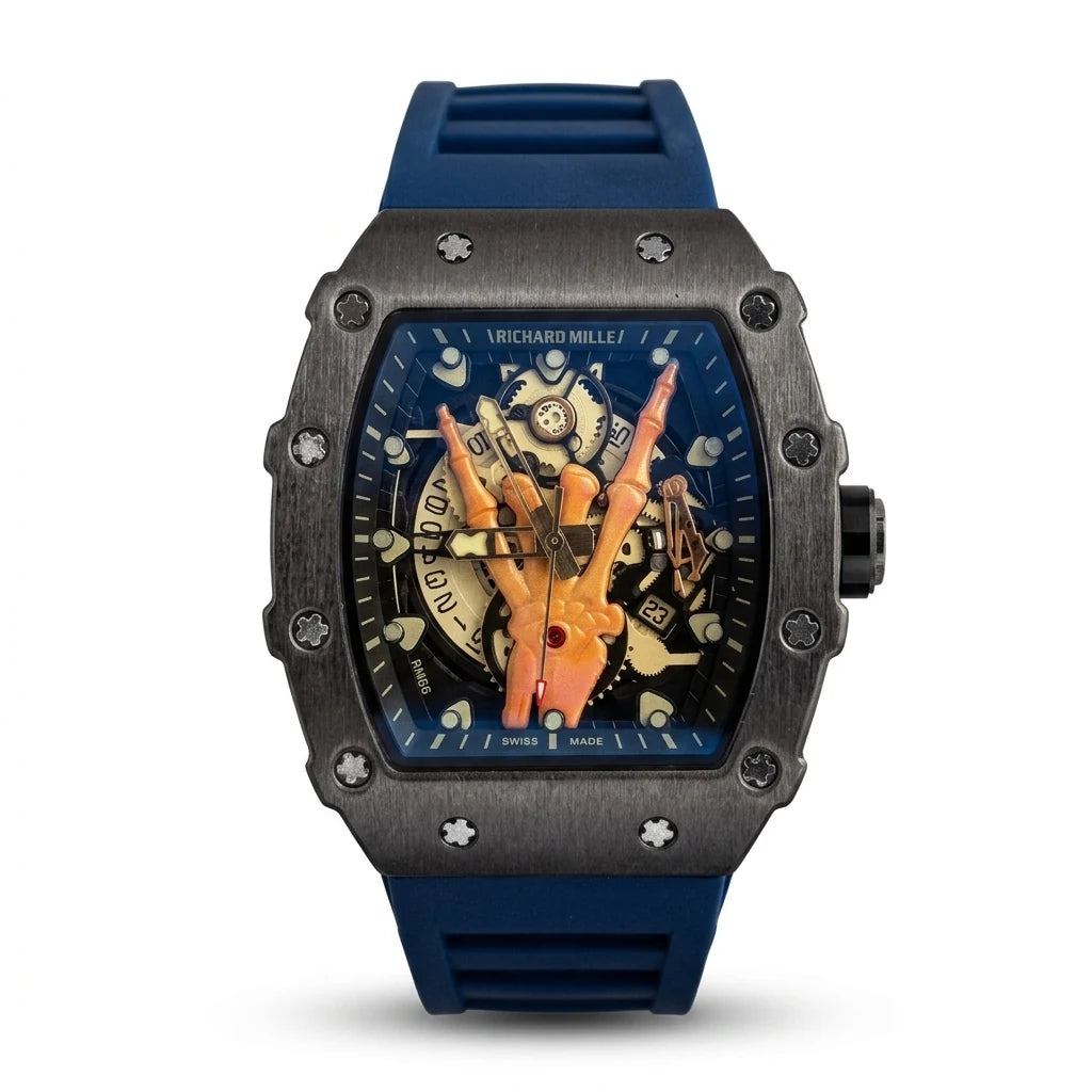 Richard Mille RM66 Horns Skeleton Black Titanium Blue Strap Men Watch Front View Lebanon - ChronoVault