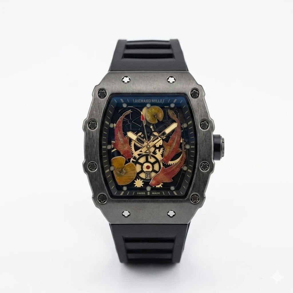 Richard Mille Koi Fish Skeleton Black Titanium Black Strap Men Watch Front View Lebanon - ChronoVault
