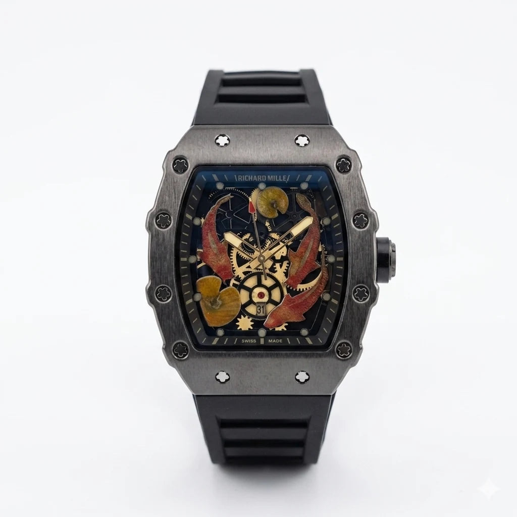 Richard Mille Koi Fish Skeleton Black Titanium Black Strap Men Watch Front View Lebanon - ChronoVault