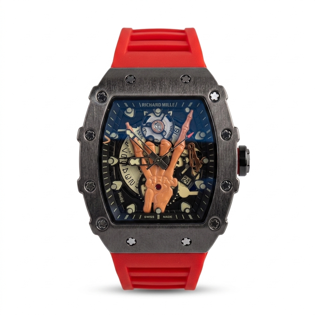 Richard Mille RM66 Horns Skeleton Black Titanium Red Strap Men Watch Front View Lebanon - ChronoVault