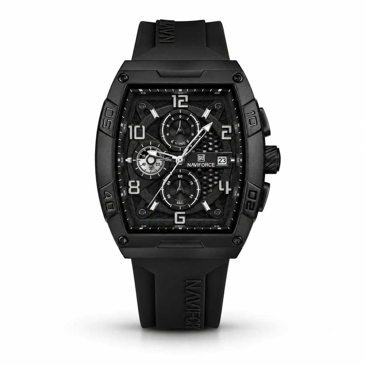 Naviforce Tonneau Chronograph Black Case Black Rubber Strap Men Watch Front View Lebanon - ChronoVault