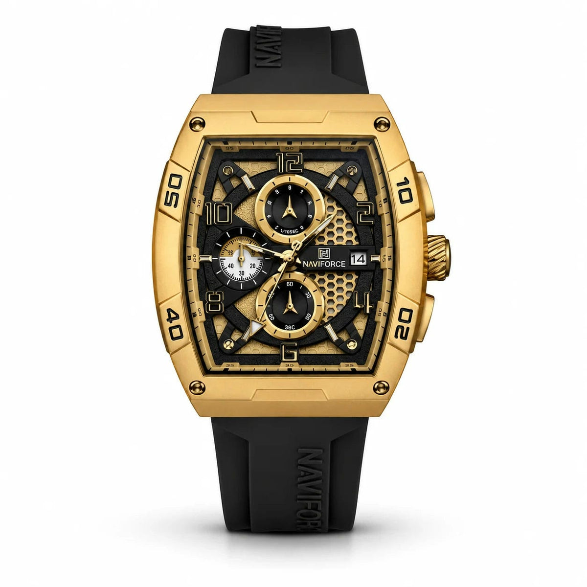 Naviforce Tonneau Chronograph Gold Case Black Rubber Strap Men Watch Front View Lebanon - ChronoVault