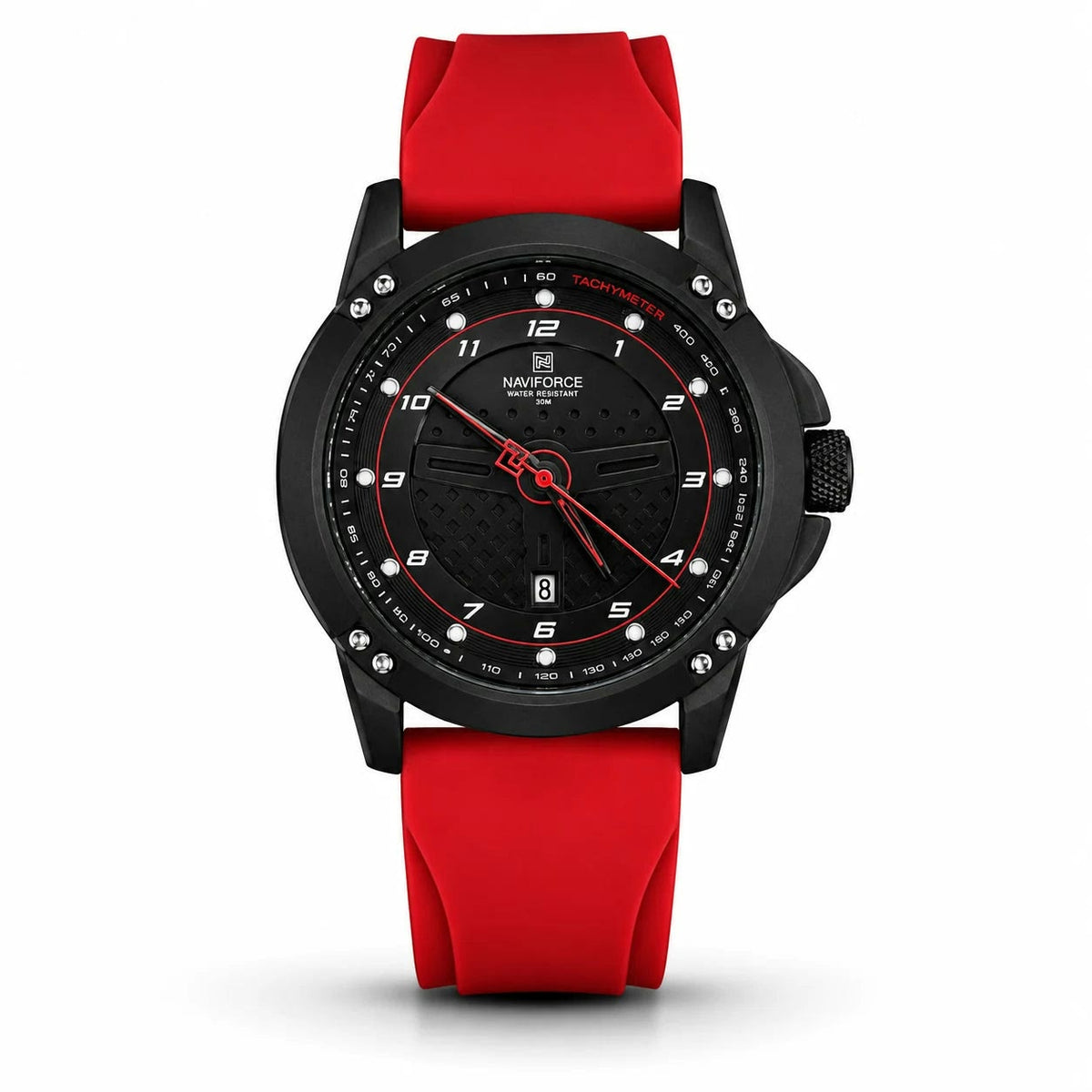 Naviforce Sport Watch Black Case Red Rubber Strap Men Watch Front View Lebanon - ChronoVault