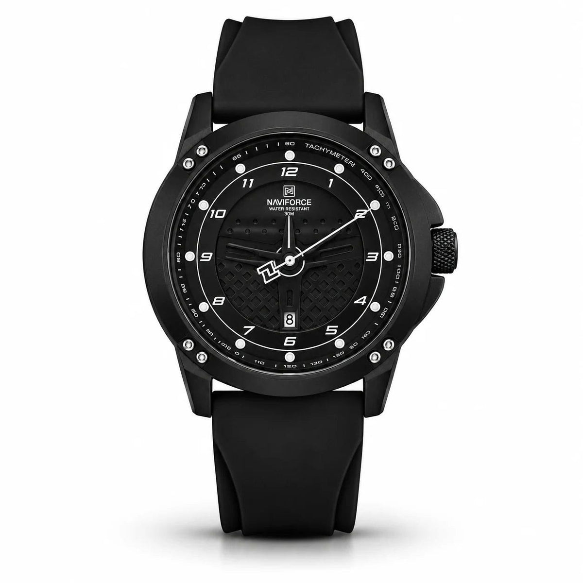 Naviforce Sport Watch Black Case Black Rubber Strap Men Watch Front View Lebanon - ChronoVault