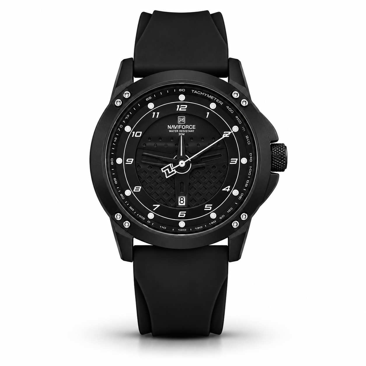 Naviforce Sport Watch Black Case Black Rubber Strap Men Watch Front View Lebanon - ChronoVault
