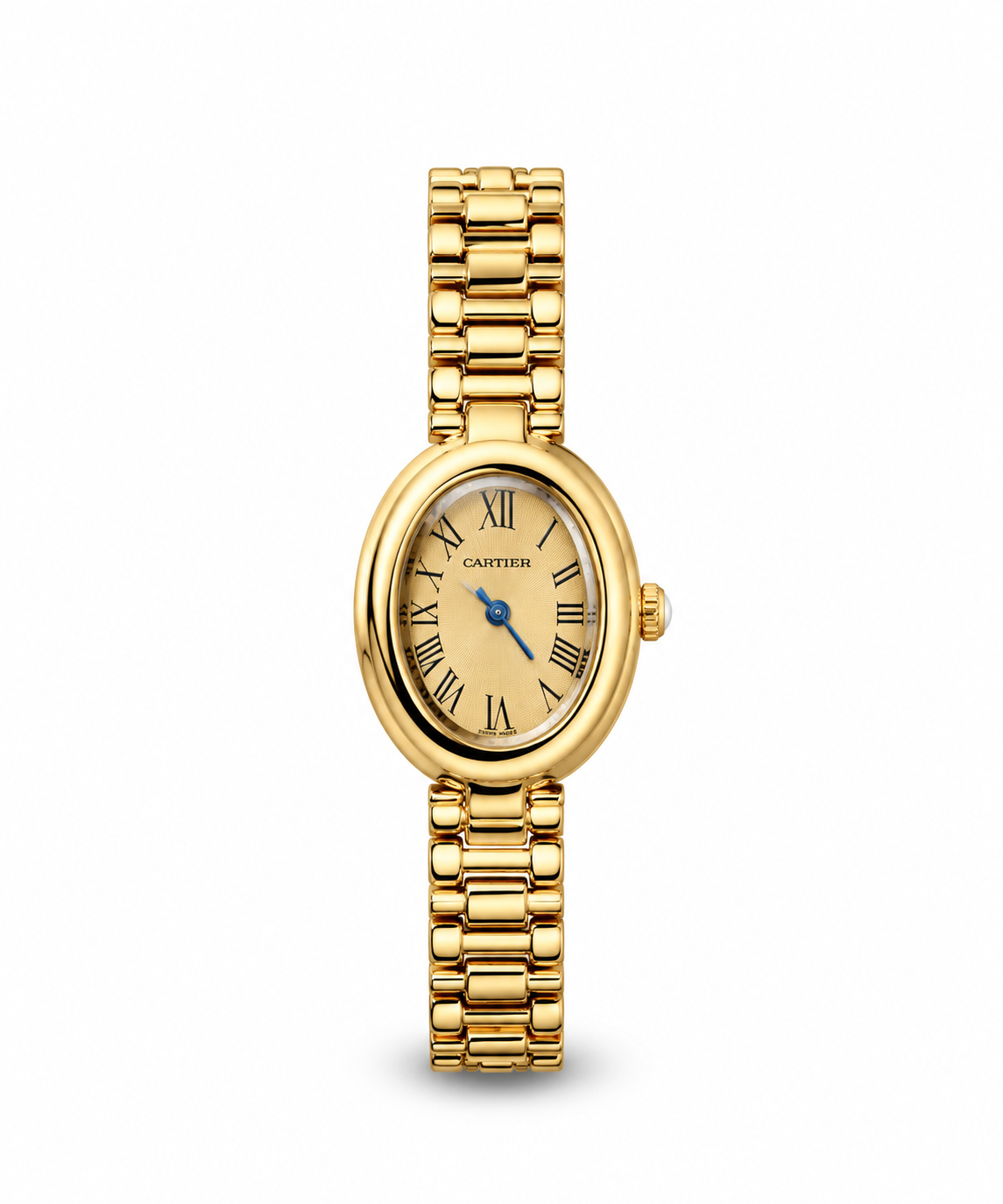 Baignoire de Cartier women's watch Lebanon - gold oval case, champagne guilloché Roman numeral dial with blue hand, gold link bracelet