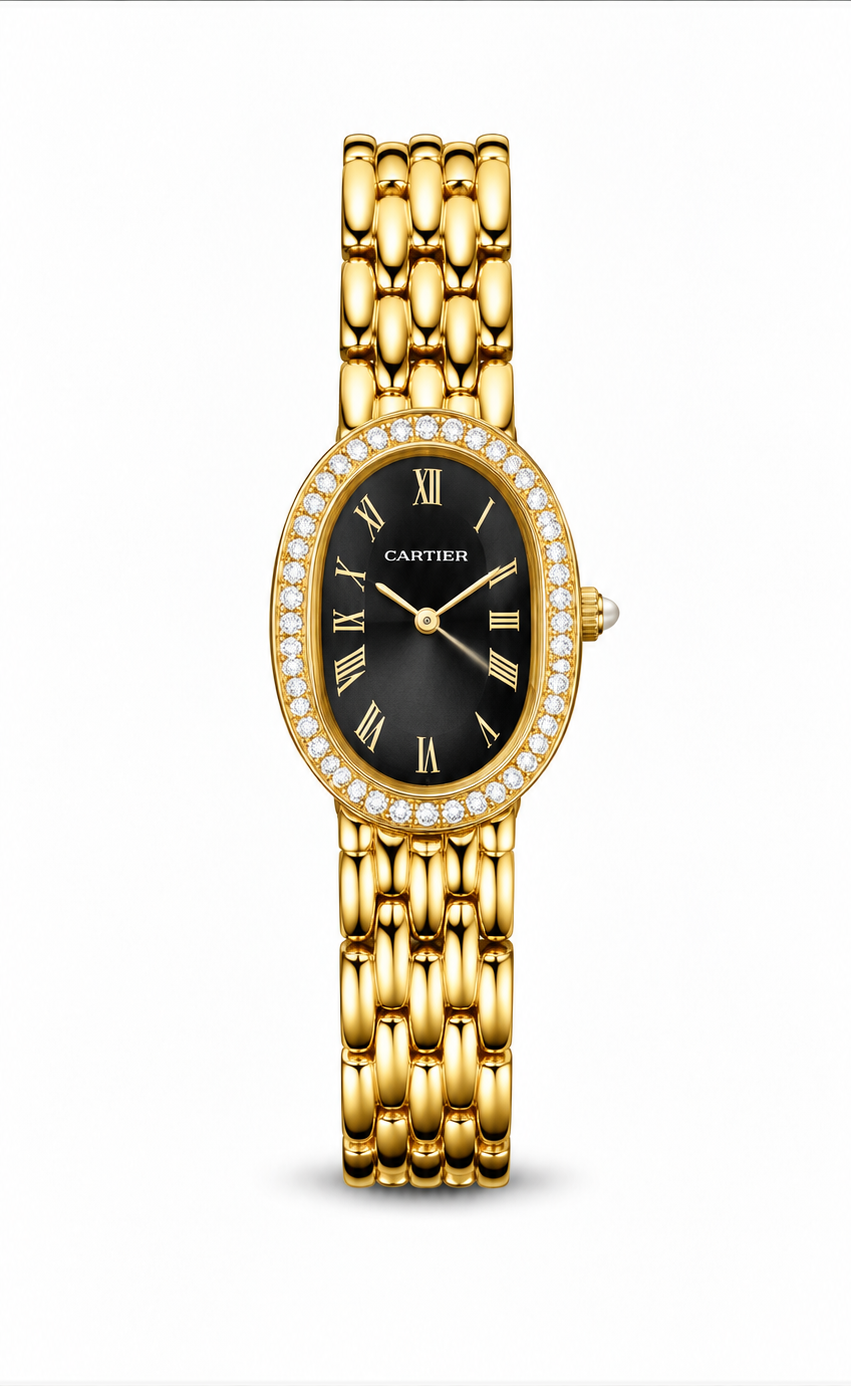 Baignoire de Cartier women's watch Lebanon - gold oval case with diamond bezel, black dial with gold Roman numerals and hands, gold link bracelet