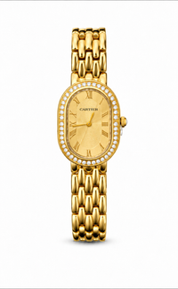 Baignoire de Cartier women's watch Lebanon - gold oval case with diamond bezel, gold guilloché Roman numeral dial with gold hands, gold link bracelet