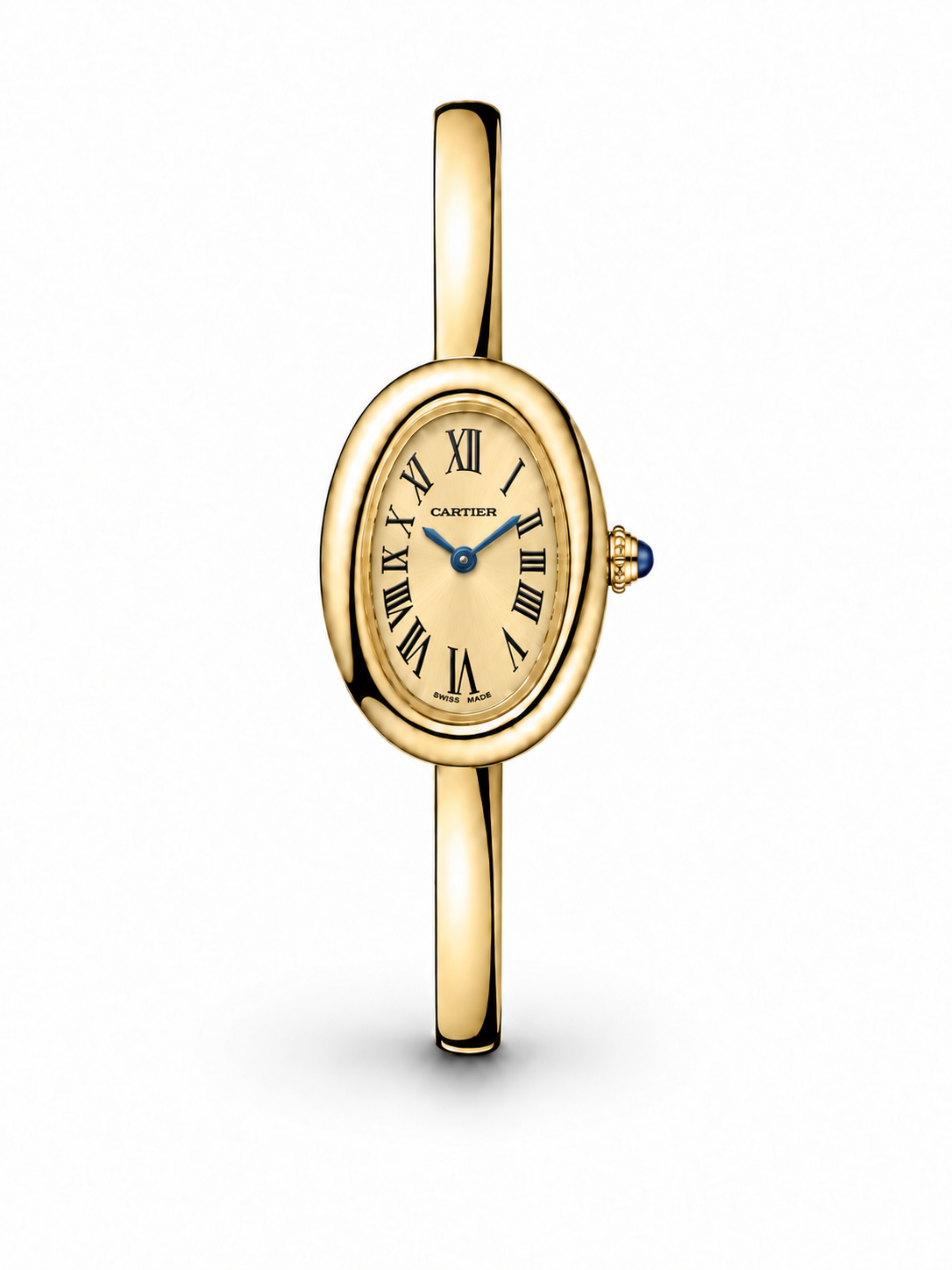 Baignoire de Cartier women's watch Lebanon - gold oval case, gold dial with black Roman numerals and blue hands, slim curved gold bangle bracelet
