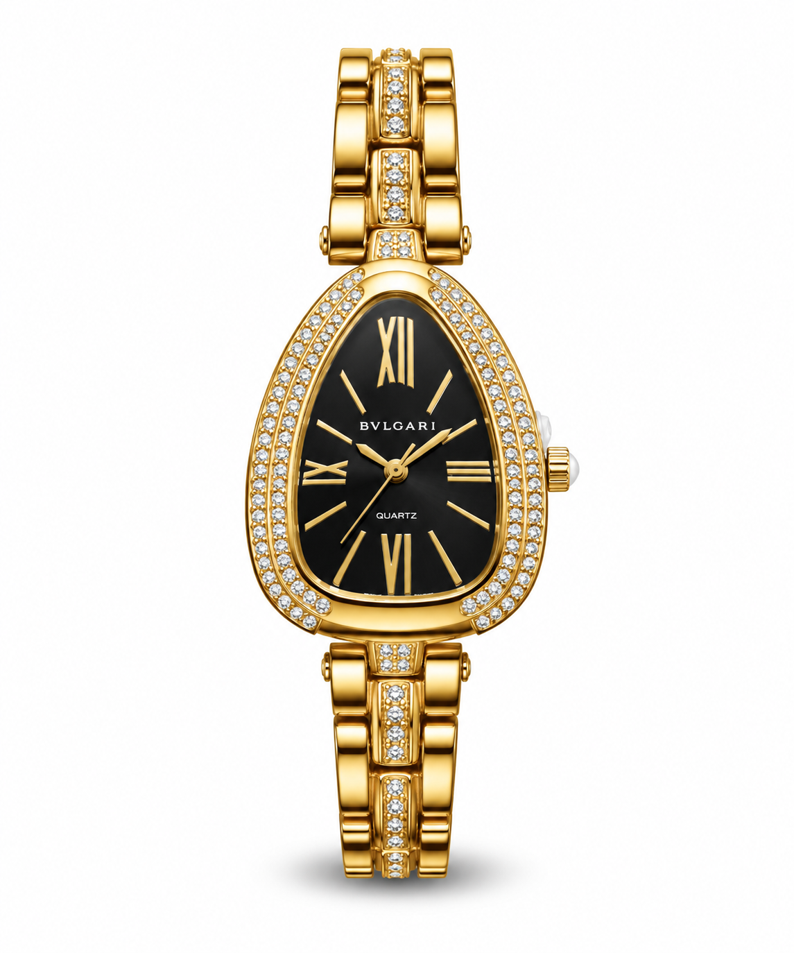 Bvlgari Serpenti women's watch Lebanon - gold snake-head case with double-row diamond bezel, black dial with gold Roman numerals, gold bracelet with a center line of diamonds