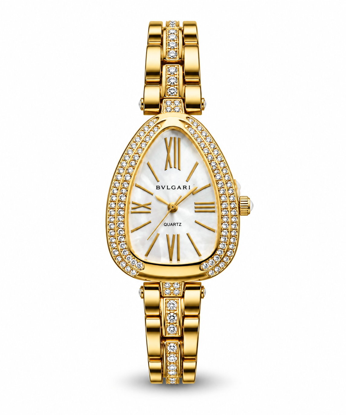 Bvlgari Serpenti women's watch Lebanon - gold snake-head case with double-row diamond bezel, white mother-of-pearl dial with gold Roman numerals, gold bracelet with a center line of diamonds